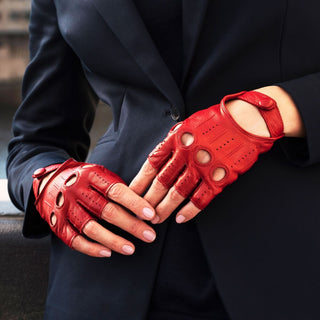 Rossana (red) - Italian fingerless lambskin leather driving gloves - Glamourous Grace