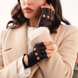 Rossana (dark brown) - Italian fingerless lambskin leather driving gloves - Glamourous Grace