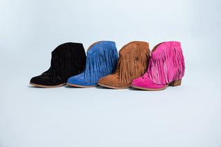 Amos Fringe Ankle Bootie in Magenta Suede - Glamourous Grace