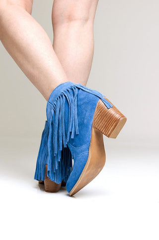 Amos Fringe Ankle Bootie in Blue Suede - Glamourous Grace