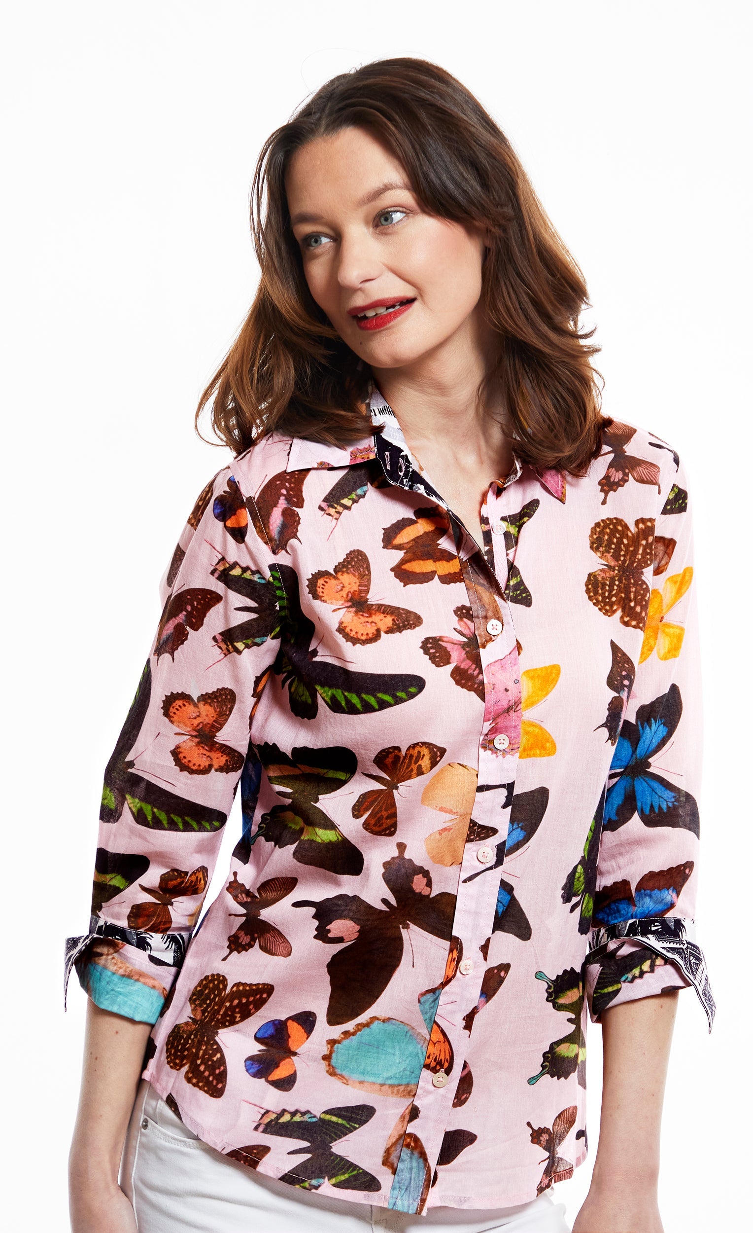 Rome Shirt with 3/4 Sleeve, Pink Butterflies - Glamourous Grace