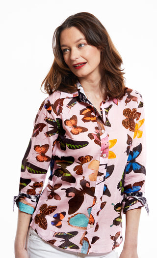 Rome Shirt with 3/4 Sleeve, Pink Butterflies - Glamourous Grace