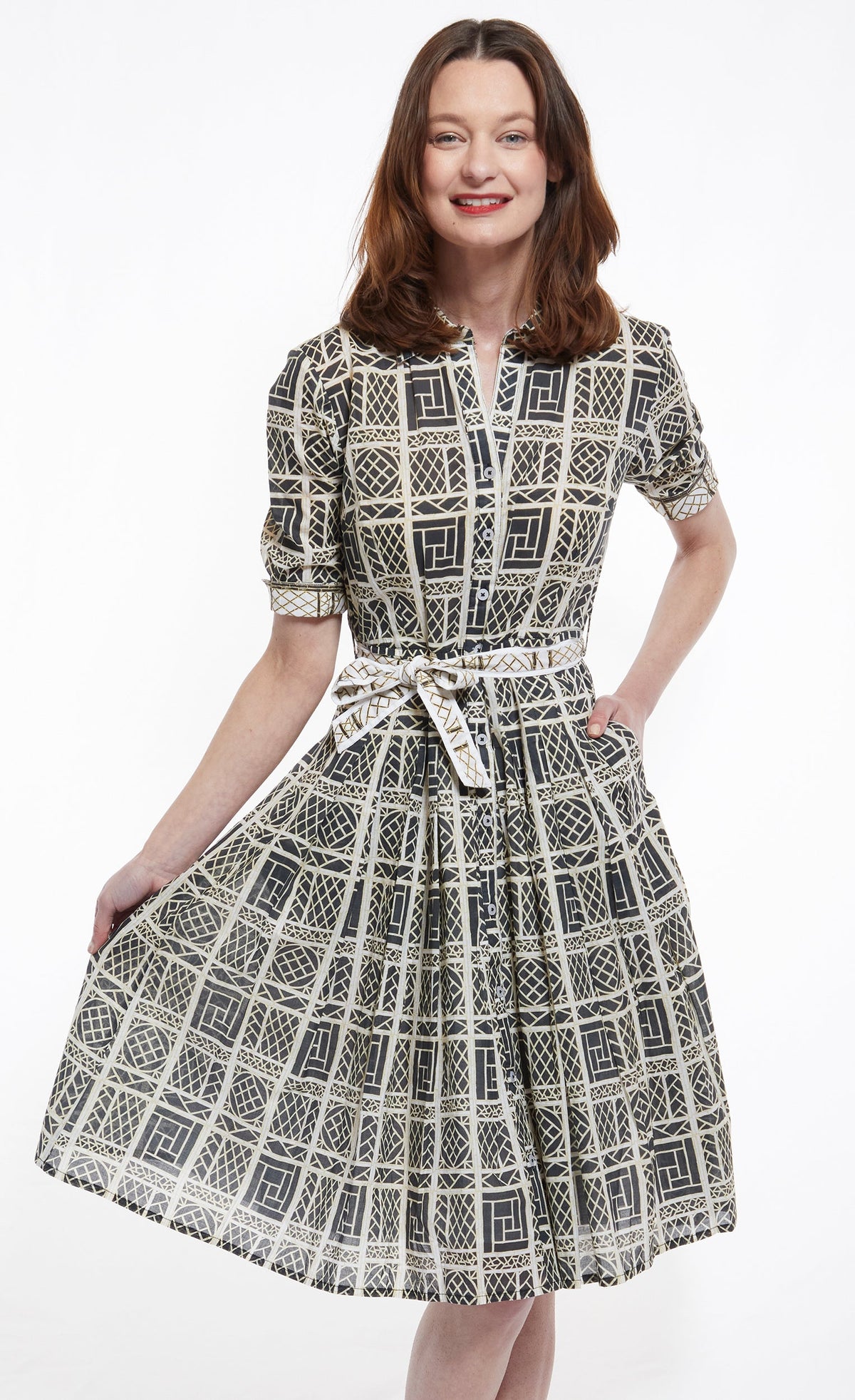 Mrs Maisel Dress in Black and Beige Wicker Print - Glamourous Grace