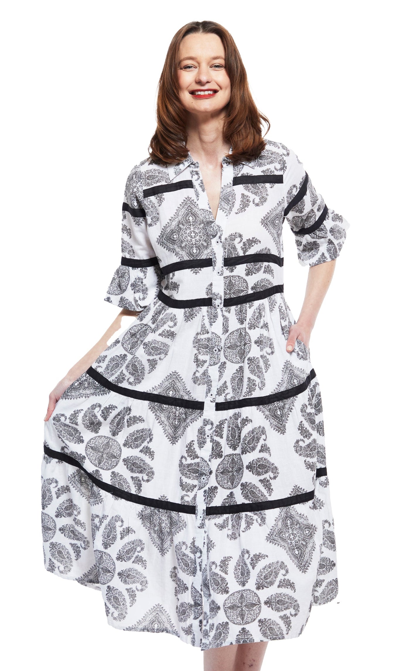 Miami Style Midi with Flounce And Black Ribbons Black White Paisley - Glamourous Grace
