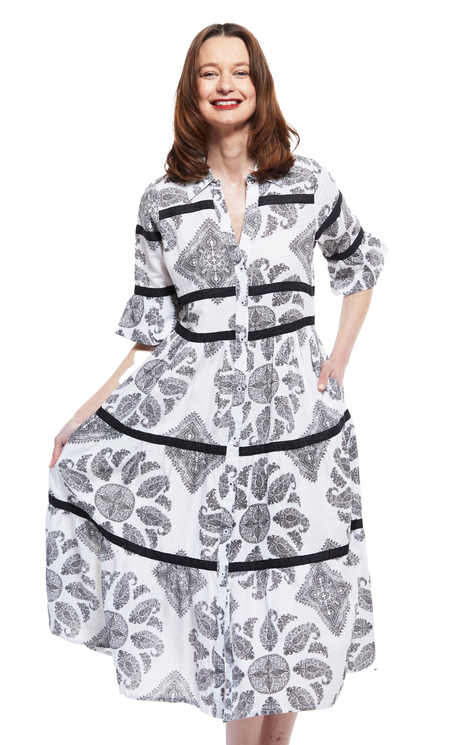 Miami Style Midi with Flounce And Black Ribbons Black White Paisley - Glamourous Grace