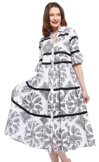 Miami Style Midi with Flounce And Black Ribbons Black White Paisley - Glamourous Grace