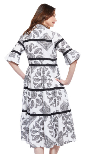 Miami Style Midi with Flounce And Black Ribbons Black White Paisley - Glamourous Grace