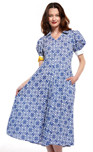 Montauk Dress in Blue with White Geometric Pattern - Glamourous Grace