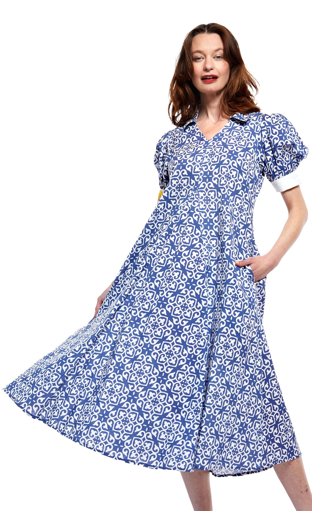 Montauk Dress in Blue with White Geometric Pattern - Glamourous Grace
