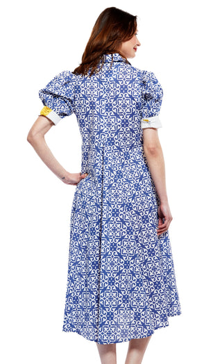 Montauk Dress in Blue with White Geometric Pattern - Glamourous Grace