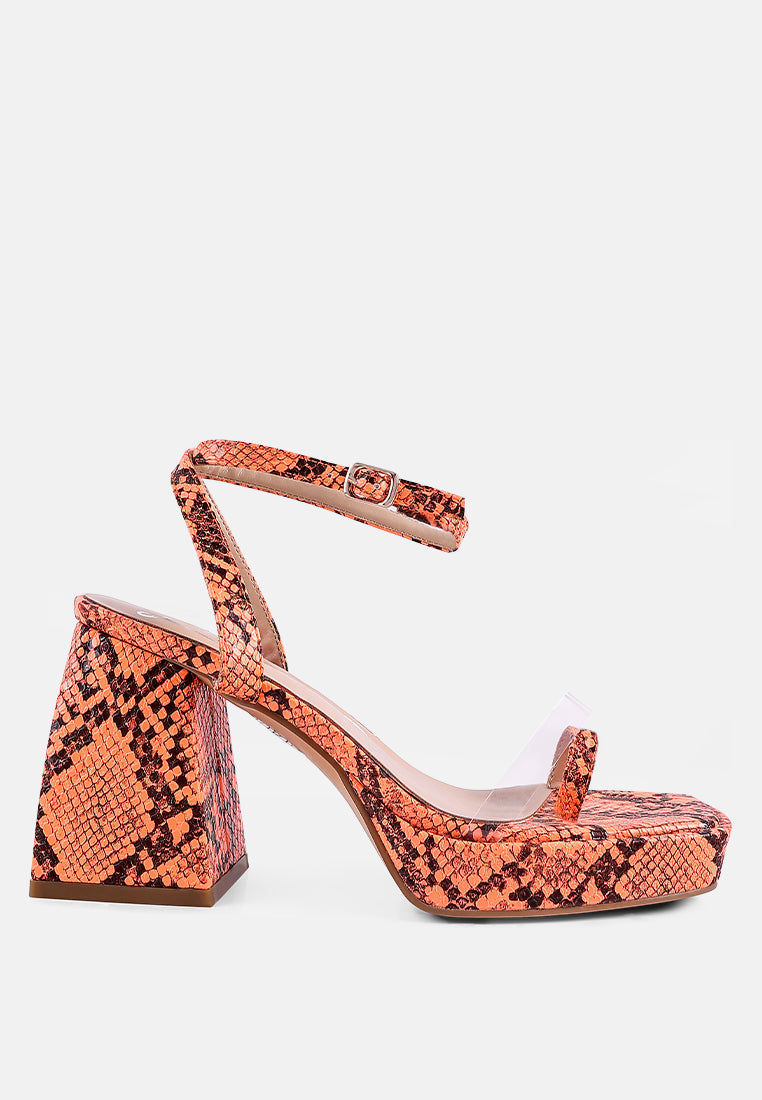 Such Flirt Snake Print Triangular Block Heel Sandals - Glamourous Grace