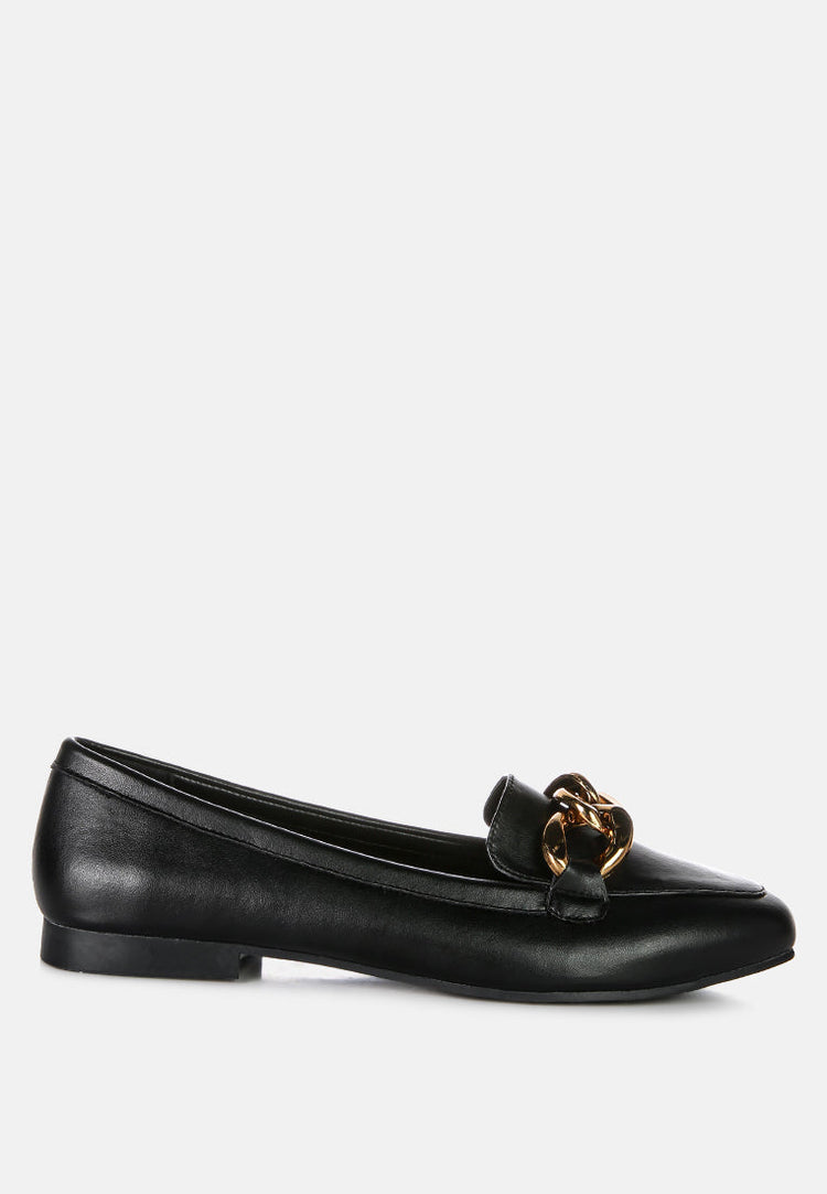 Chunky Metal Chain Faux Leather Loafers - Glamourous Grace