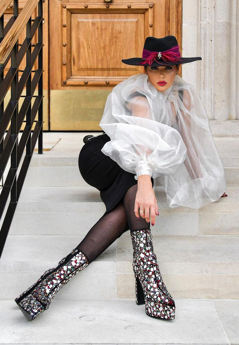 Fancy Mirror Embellished Platform High Heel Boots - Glamourous Grace