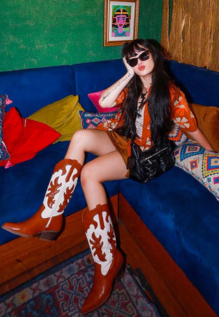 Fallon Faux Leather Patchwork Cowboy Boots - Glamourous Grace