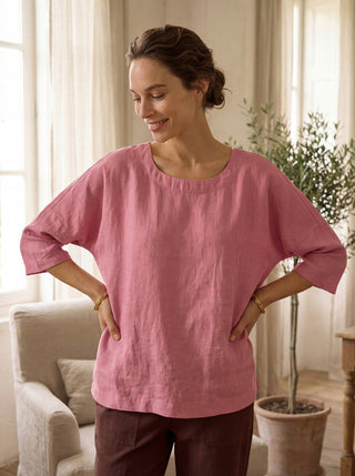 LINTICO Caral Pink 100% linen boatneck top with 3/4 length sleeves, stylish and lightweight blouse for casual wear