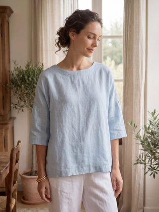 LINTICO Ice Blue linen boatneck blouse with 3/4 length sleeves, stylish and lightweight top for casual wear