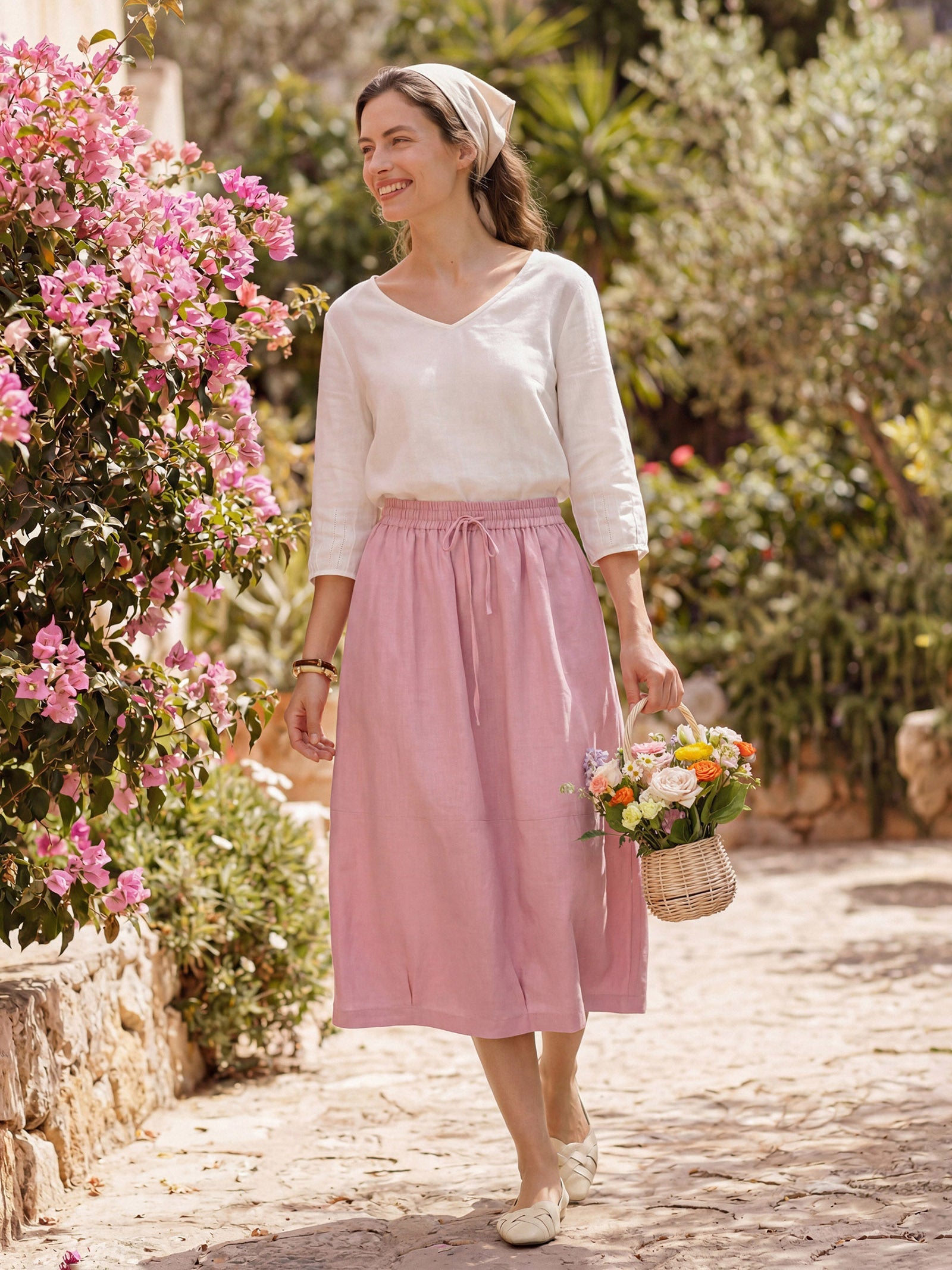 100% Linen Drawstring Lantern Maxi Skirt with Pockets ROXANNE - Glamourous Grace