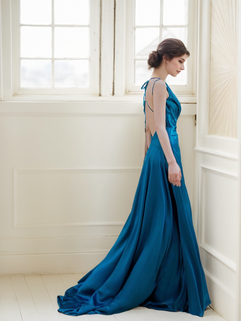Ethereal Sapphire Blue Satin Backless Evening Gown with Thigh-High Slit - Glamourous Grace