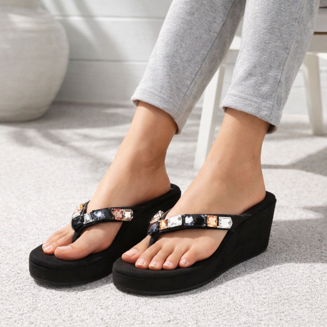 Crystelle - Black Thong Wedges - Glamourous Grace