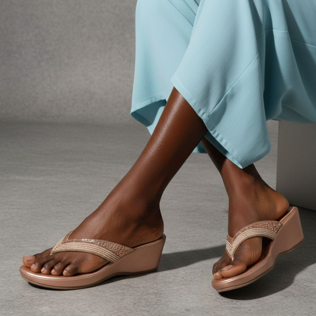 Bexley- Rose Gold Thong Wedges - Glamourous Grace