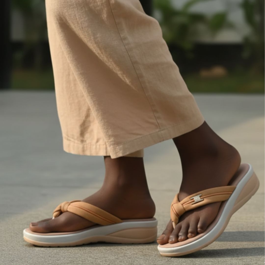 Sarya - Beige Thong Wedges - Glamourous Grace
