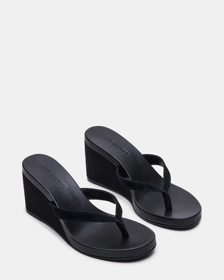 Playing Black Suede Thong Wedge Sandal