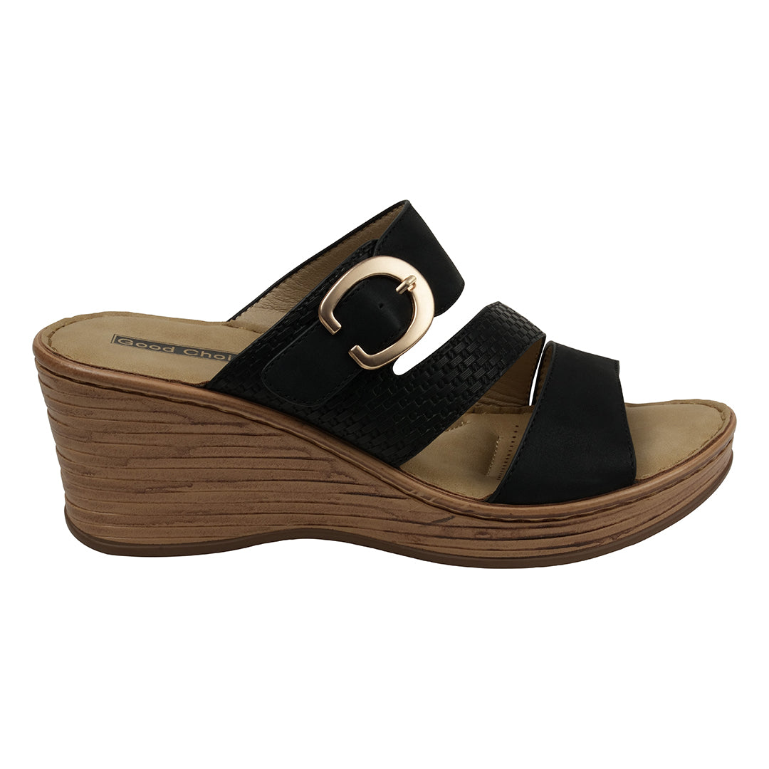 Women's Odalis Black Wedge Sandals with Buckle - Glamourous Grace