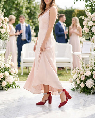 Satin Block Heels Evening Shoes with Floral Rhinestones Ankle Strap