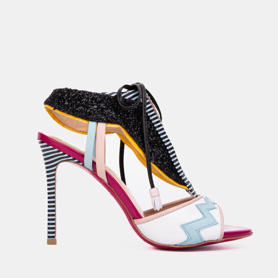 The Santa Amaro White Glitter Leather T-Strap Lace -Up Women Sandal - Glamourous Grace