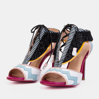 The Santa Amaro White Glitter Leather T-Strap Lace -Up Women Sandal - Glamourous Grace