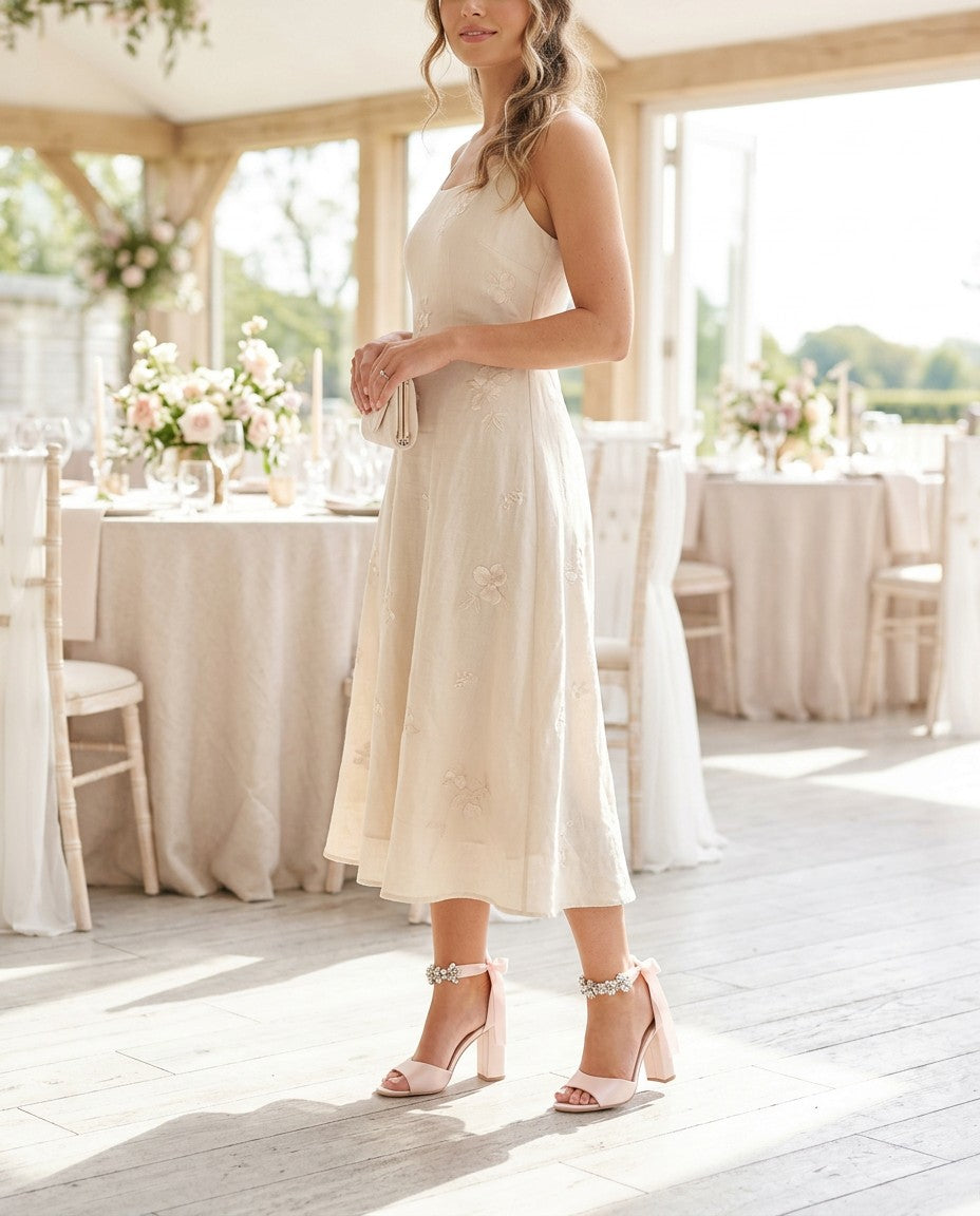 Satin Block Heel Evening Sandals with Navette Cluster Rhinestones Strap