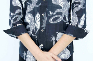 3/4 Sleeve Rome Shirt Black and White Dragons On Voile - Glamourous Grace