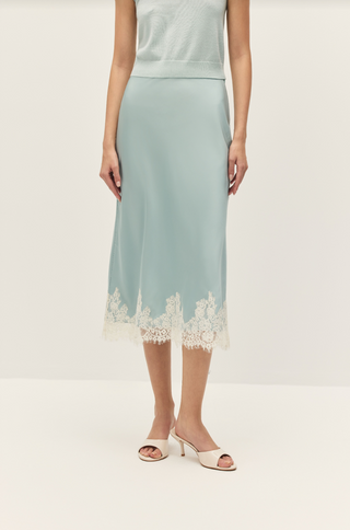 Enid Blue Lace Satin Midi Skirt