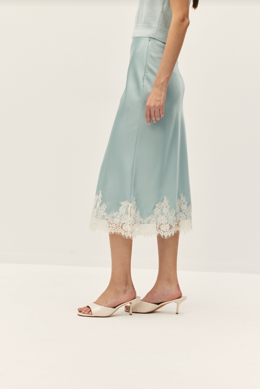 Enid Blue Lace Satin Midi Skirt