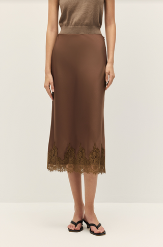 Enid Mocha Lace Satin Midi Skirt