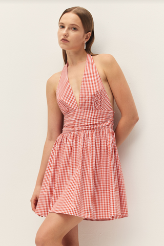 Celia Coral Red Gingham Mini Dress