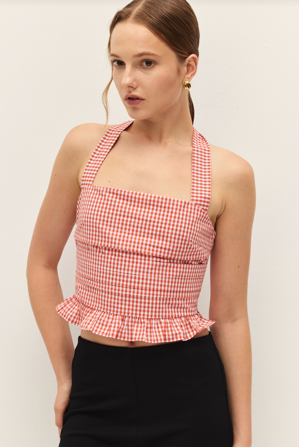 Coraline Gingham Coral Red Halter Top