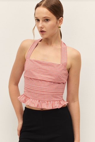 Coraline Gingham Coral Red Halter Top