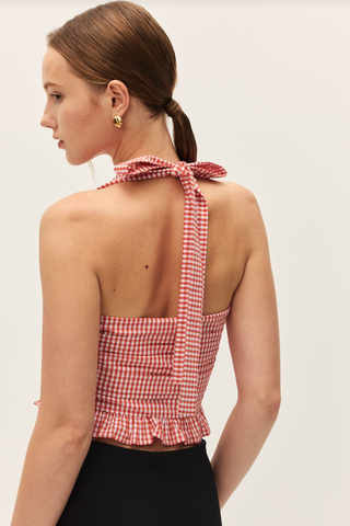 Coraline Gingham Coral Red Halter Top