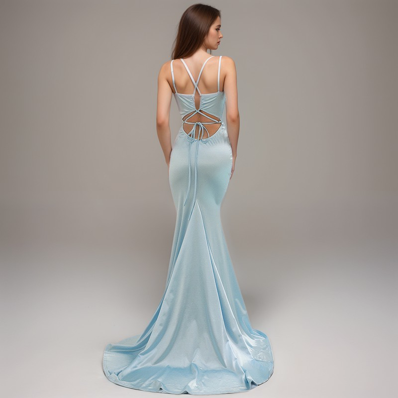 Sexy Deep V neck tie back mermaid silky satin prom dress - Glamourous Grace