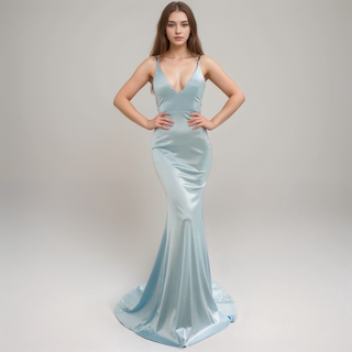 Sexy Deep V neck tie back mermaid silky satin prom dress - Glamourous Grace