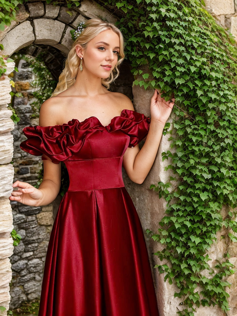 Sexy off-the-shoulder long princess style A-line satin prom dress with Ruffled sleeves - Glamourous Grace