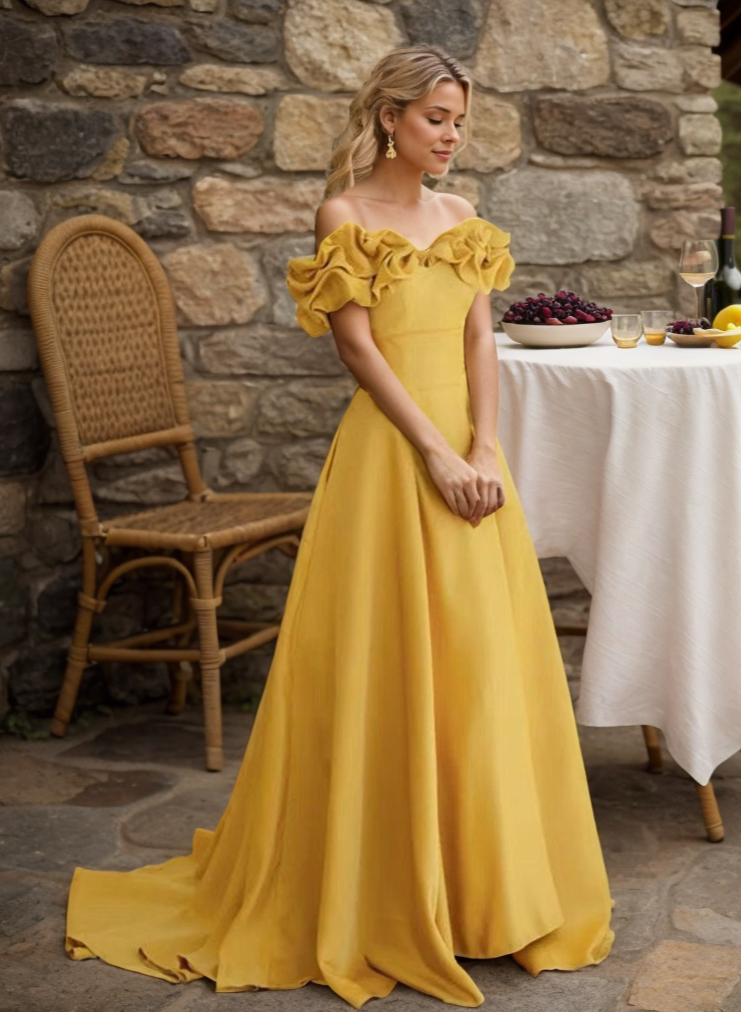 Sexy off-the-shoulder long princess style A-line satin prom dress with Ruffled sleeves - Glamourous Grace