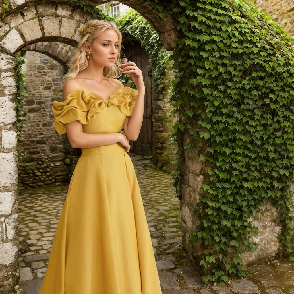 Sexy off-the-shoulder long princess style A-line satin prom dress with Ruffled sleeves - Glamourous Grace
