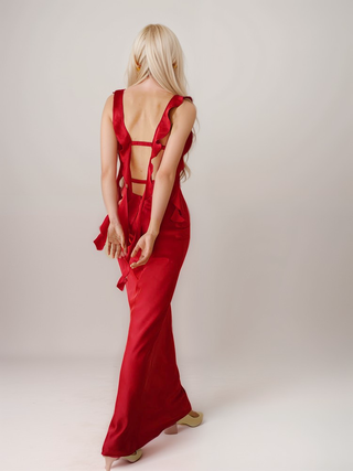 Sexy ruffled straps tie back pleated bodice sheath silky satin prom dress - Glamourous Grace