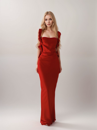 Sexy ruffled straps tie back pleated bodice sheath silky satin prom dress - Glamourous Grace