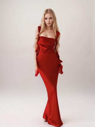 Sexy ruffled straps tie back pleated bodice sheath silky satin prom dress - Glamourous Grace