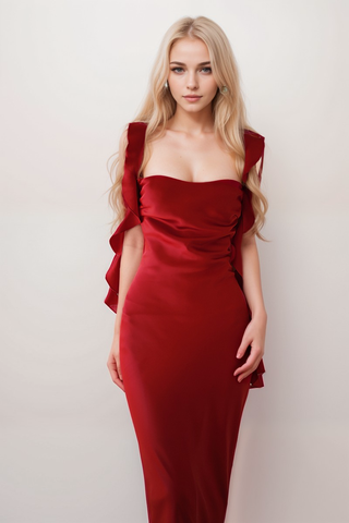 Sexy ruffled straps tie back pleated bodice sheath silky satin prom dress - Glamourous Grace