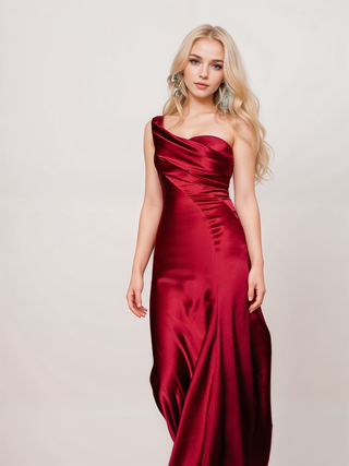 Sexy one shoulder pleated bodice mermaid silky satin prom dress - Glamourous Grace