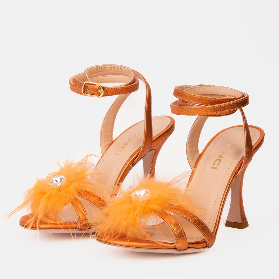 The Siena Orange Leather Ankle Strap Plumed Women Sandal Final Sale! - Glamourous Grace
